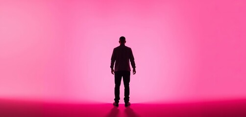 Fototapeta premium Solitary figure, back to camera, against bright background, white, human form