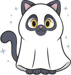 Cute cartoon cat dressed as ghost, Halloween costume kitten illustration, funny spooky pet design, white sheet disguise, vector art, isolated background