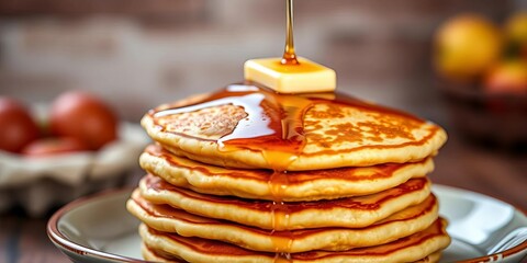 Stack of golden-brown pancakes with butter melting, syrup drizzling,  print,   vintage style