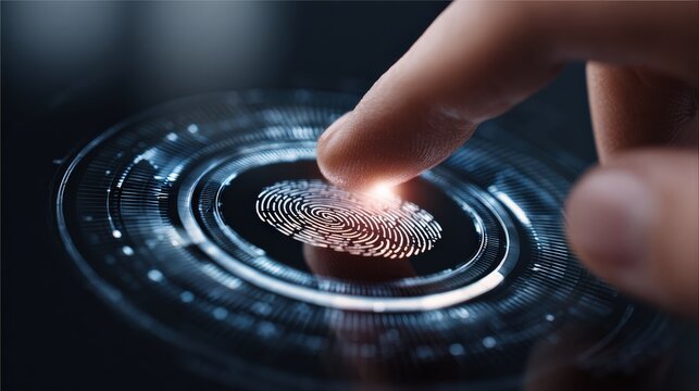 A finger is scanning a digital fingerprint on a futuristic biometric security interface with glowing circular data patterns. - Powered by Adobe