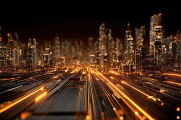 Obraz premium A futuristic cityscape at night with glowing light trails creating a dynamic, high-tech atmosphere and blurred illuminated skyscrapers in the background.