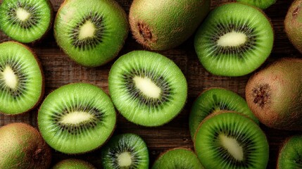 Numerous whole and sliced kiwis on a wooden surface, close-up detail