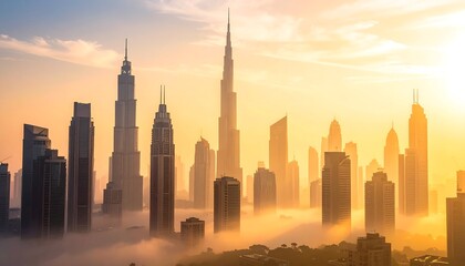 Obraz premium Sunrise over Dubai skyline, shrouded in mist