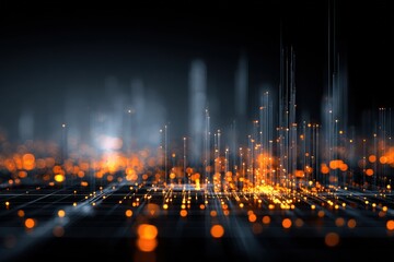 Abstract digital cityscape with glowing orange lights and vertical light beams on a dark background, representing futuristic technology and data flow.