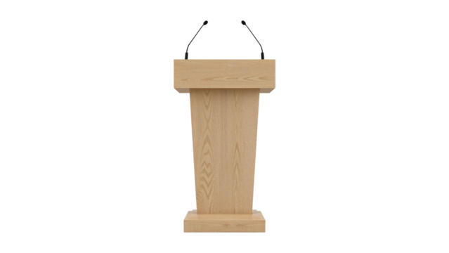Wooden podium with microphones presentation platform on isolated transparent backdrop