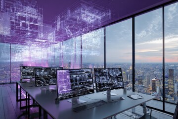 Modern office with multiple computer monitors displaying digital data, featuring a panoramic cityscape view and holographic architectural overlays.