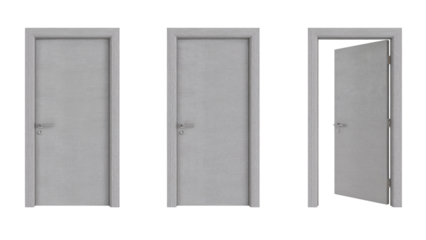 Illustrative display of closed and slightly open gray colored doors against a transparent setting