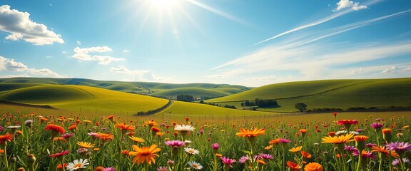Fototapeta premium Sun-drenched field of wildflowers, rolling green hills under a vibrant blue sky, growth, farmland