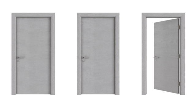 Illustrative display of closed and slightly open gray colored doors against a transparent setting