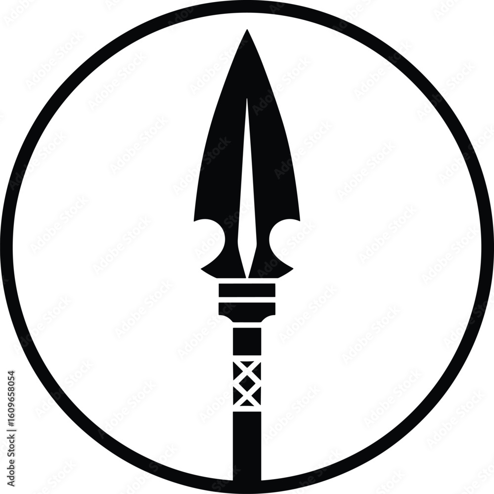 Poster simplified black and white vector illustration depicting a spear within a circle for various design 