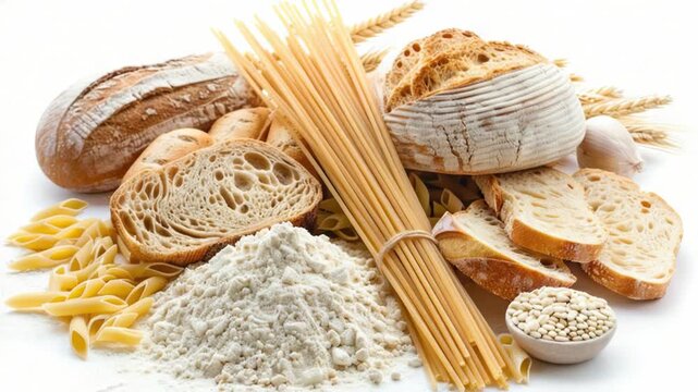 A variety of breads and pastas displayed on a table or counter