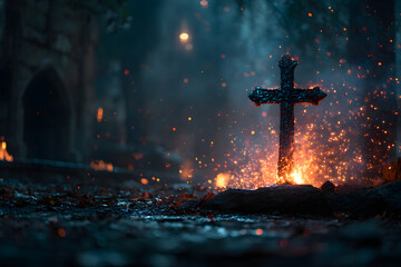Christian cross burning in fire and smoke rising from dark ground
