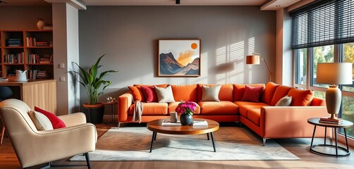 Cozy modern living room with plush sofa, armchair, and stylish decor,   space,  artwork