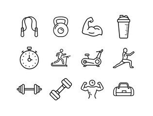 Fitness and gym black glyph icon set with workout, cardio, strength training, dumbbells, treadmill, and active lifestyle symbols PNG