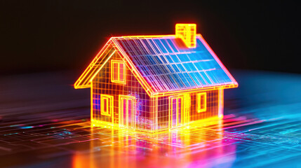 A glowing, neon house with solar panels on a reflective surface, set against a dark background.