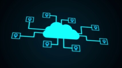 Cloud Computing Network Architecture animation.Cloud location pin animated under a gray cloud, perfect for weather or travelrelated design projects, apps,