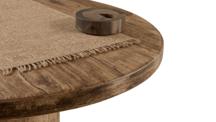 Rustic round wood table with burlap placemat and wooden coaster on transparent setting