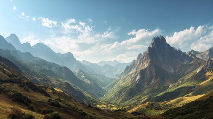 Scenic panorama of towering majestic mountains beneath a clear sunny sky