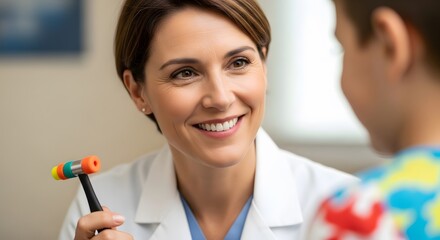 Smiling female doctor with a reflex hammer examining a young patient. Doctor in white coat in bright office setting.