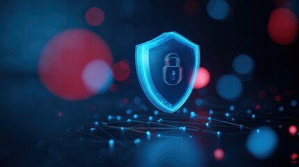 A glowing blue shield with a padlock icon symbolizes cybersecurity protection in a digital network environment with blurred red and blue lights.