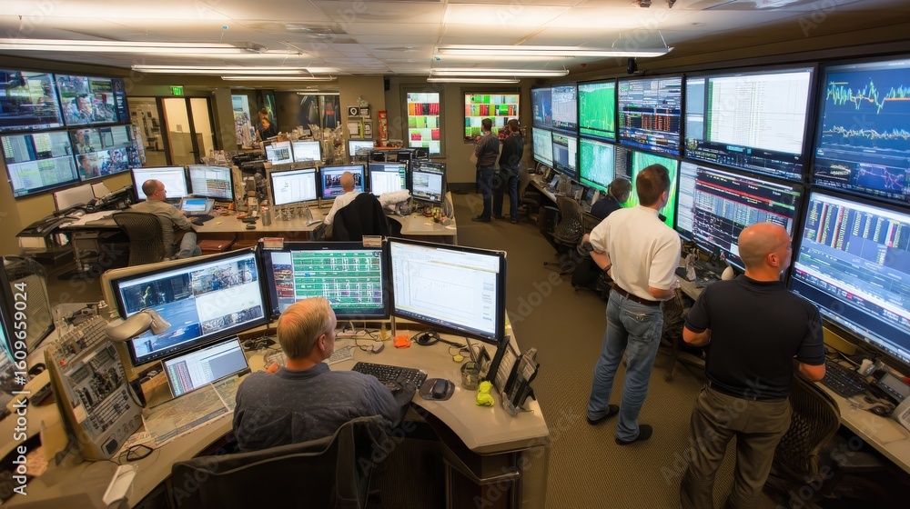 Poster a busy trading floor with multiple monitors displaying financial data, charts, and graphs, where tra