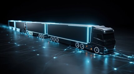 A futuristic digital concept of a connected semi-truck and trailer fleet illuminated by blue neon lights on a dark, networked surface.