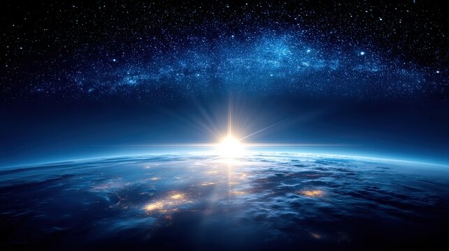 Sunrise seen from space with Earth"s curvature, illuminated cities, and a star-filled galaxy above in deep blue and black tones.