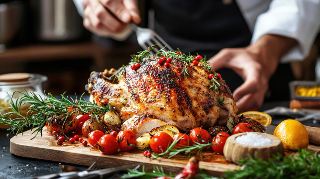 A chef in a white apron and black hat, carving a roasted chicken with rosemary and thyme on a wooden cutting board with fresh vegetables and lemon slices.