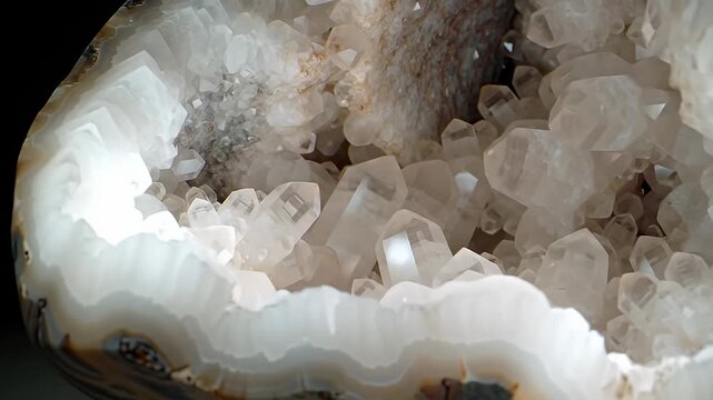 Close-up of a geode featuring clear crystals within a banded mineral matrix