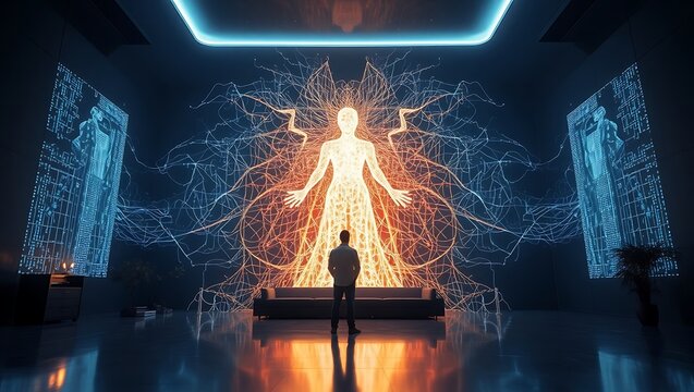 Man gazing at glowing human form with radiating energy, symbolizing spiritual enlightenment, digital consciousness, AI, wellness, future technology, and inner power