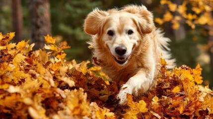 A golden retriever joyfully runs through a pile of autumn leaves in a forest with colorful fall foliage.