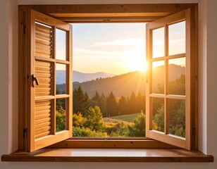 Open wooden window, sunset view of mountains