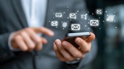 Typing on Phone with Glowing Email Icon Stream