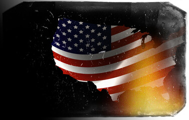 United states of america flag waving over its map on black background