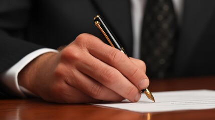 A person in formal attire writes on a document with a black and gold pen on a wooden surface.
