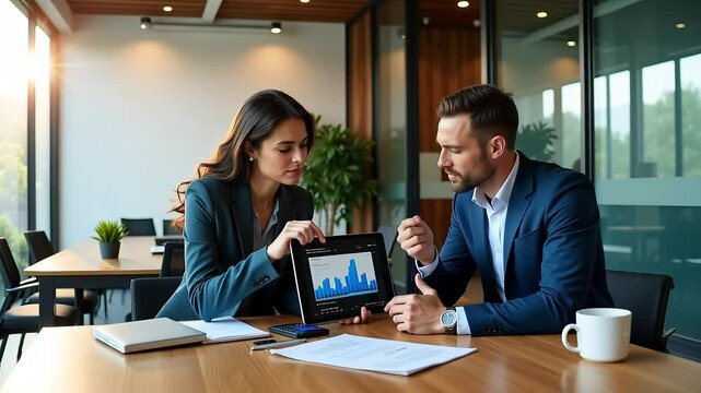 Business colleagues analyzing graphs on a tablet together - Powered by Adobe