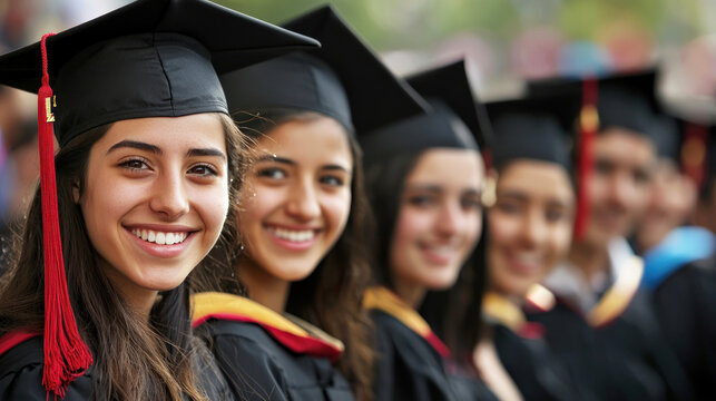 A group of students in graduation caps and gowns, standing in a row, smiling and looking at the camera.