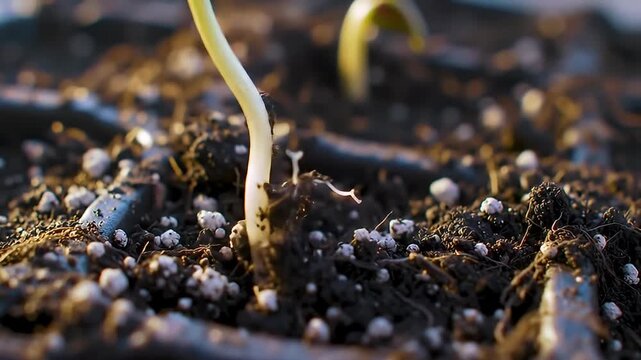 Germinating seedling emerging from dark soil with perlite in seedling tray