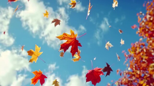 Low-angle video capturing vibrant autumn leaves falling against a bright blue sky, creating a dynamic and colorful seasonal atmosphere. Live desktop wallpaper.