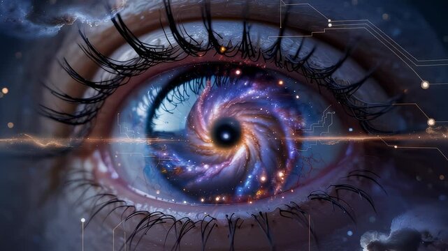 Nebula Spiral in Eye with Circuit Overlay and Energy