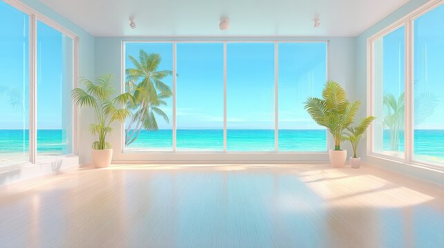 Bright, spacious room with large floor-to-ceiling windows overlooking a clear blue ocean, featuring tropical potted plants and light wood flooring. - Powered by Adobe