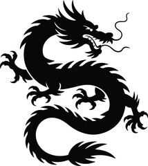 Elegant black silhouette of a chinese dragon on a white background representing power and strength