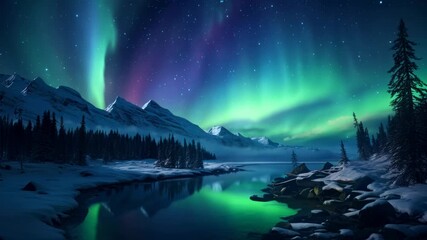 Stunning wide-angle shot of the Northern Lights over snowy mountains and a serene lake, capturing a mesmerizing video-like scene in vivid colors. Live desktop wallpaper. - Powered by Adobe
