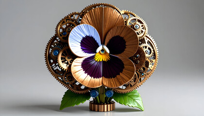 Intricate Pansy Flower Sculpture with Gears and Mechanical Design