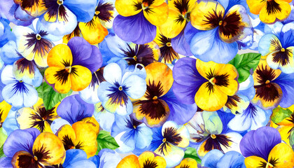 Colorful Floral Pattern with Mixed Pansies in Blue and Yellow Shades