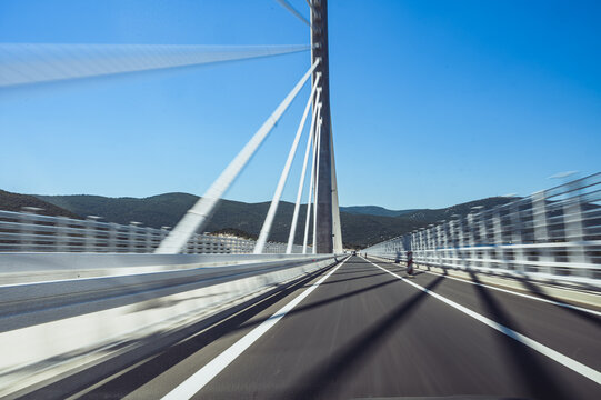 Speeding across Pelje&scaron;ac Bridge Croatia scenic cable stayed highway fast driving