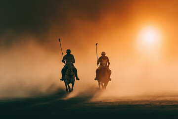Galloping polo players strike across dusty field, sunset casting long sharp shadows