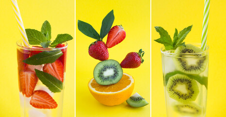 Collage. Infused water with kiwi, strawberry in the drinking glass and pyramid of fruits in balance on the yellow background. Close-up.