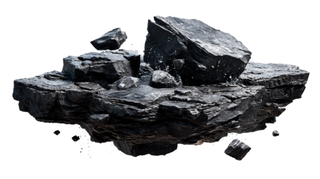 Black rock formation floating in mid air with a transparent background