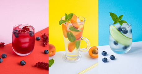 Collage. Cold lemonade or infused water with red currants, blueberry, cucumber and apricot in the drinking glass on the colored background.